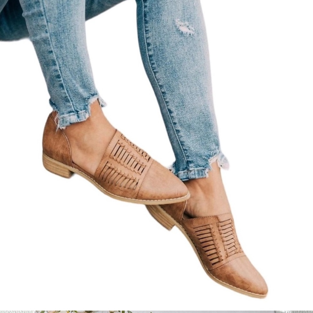 Mi.im Freesia D’orsay Tab Basket Weave Woven Leather Flats 8 .5 Tan Brown